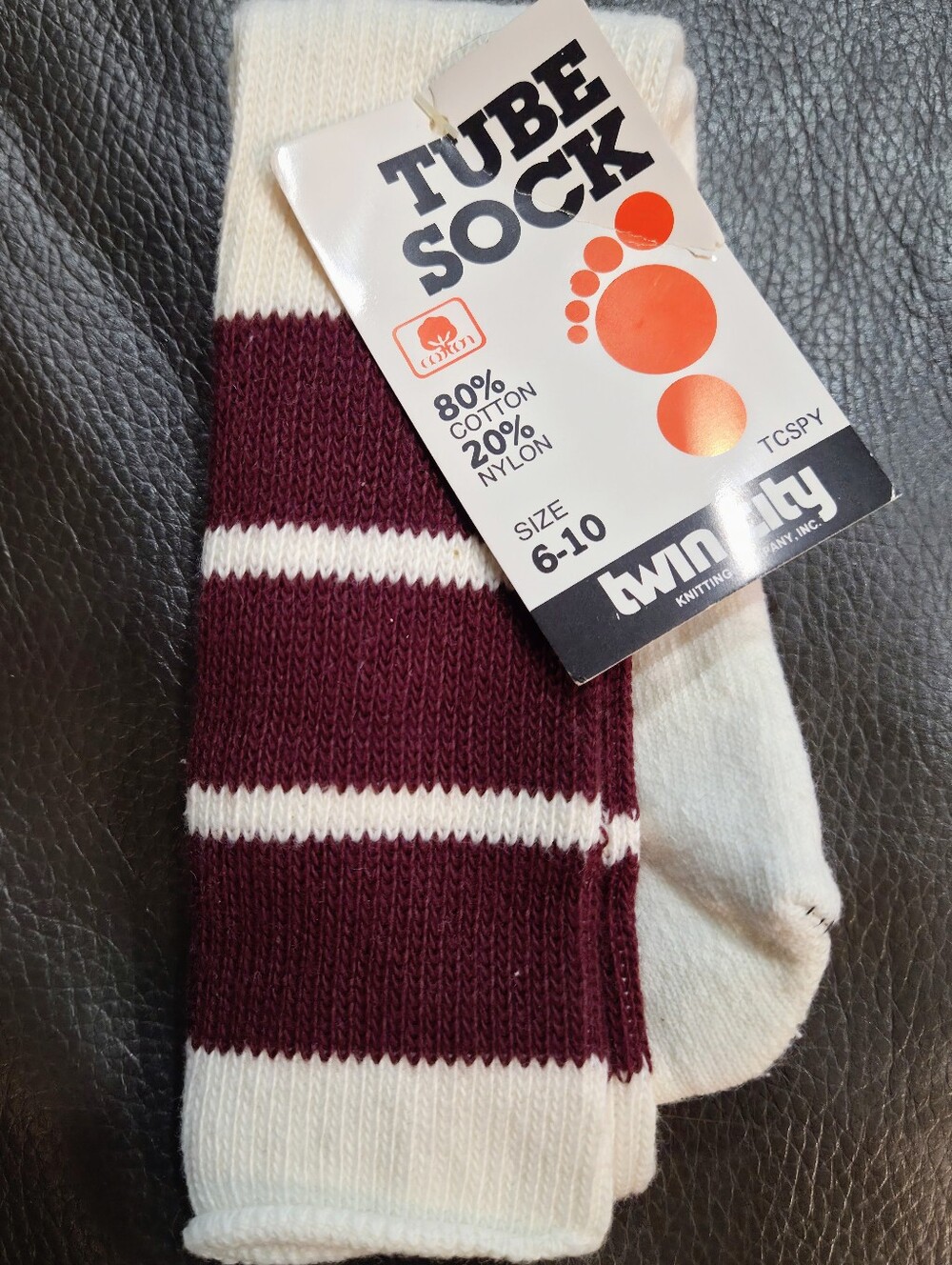 Twin City Tube Sock - White & Burgundy Striped Youth Or Women's Small Socks